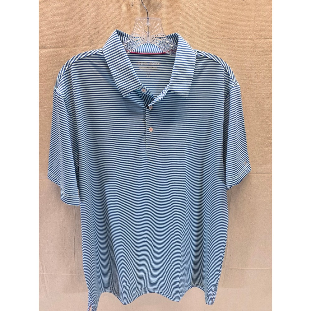 Michel Rouen Mens Performance Polo Shirt Blue Green Striped Golf Short Sleeve L